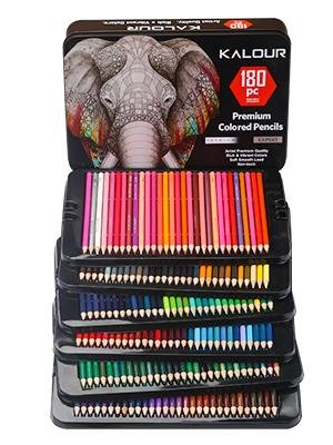 180-piece colored pencil set with metallic pencils and tin case, open to show pencils arranged in trays.