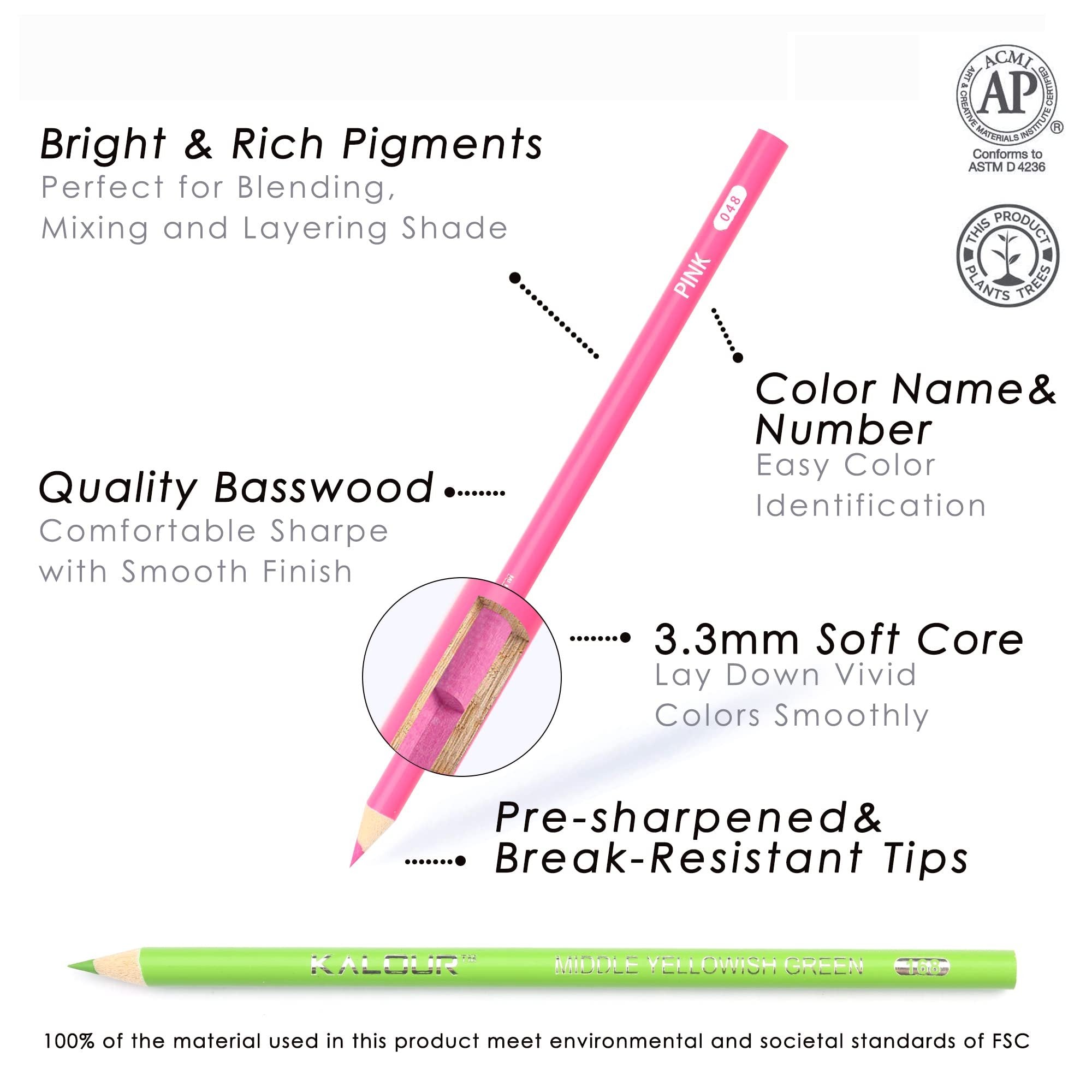 Pink and green colored pencils with text callouts detailing features like pigment, core size, and material.