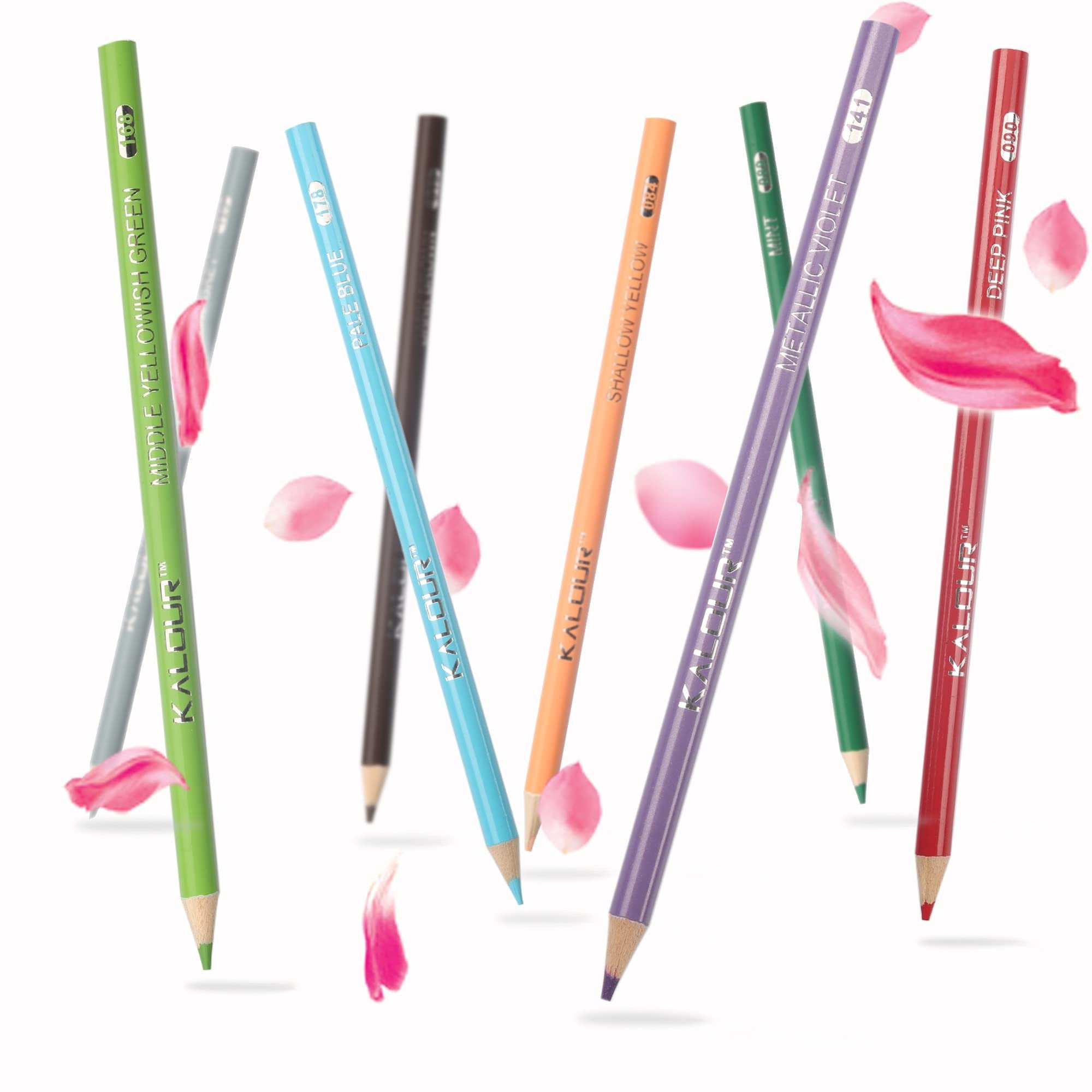 Assortment of colored pencils with names and numbers printed on them, floating with pink petals.
