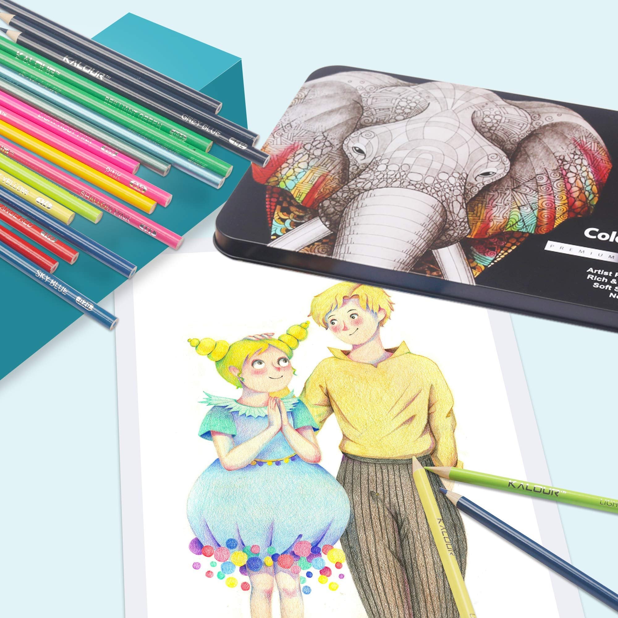 Colored pencils fanned out with a tin case and a drawing of two children, one green and one yellow pencil in foreground.