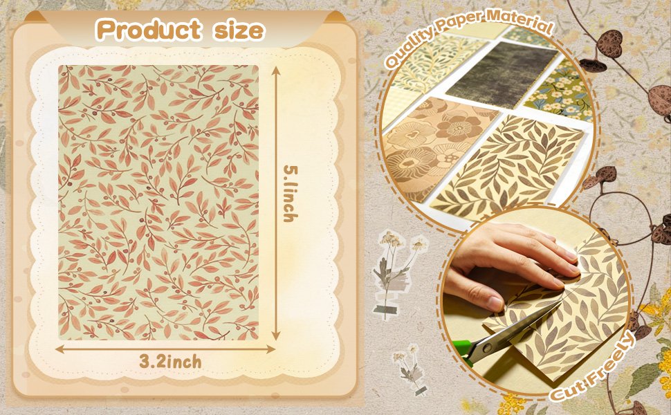 Vintage scrapbook paper set with floral and leaf patterns, showing product size and a hand cutting paper.