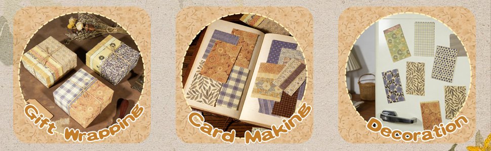 Collage of three circular images showing vintage scrapbook paper used for gift wrapping, card making, and decoration.