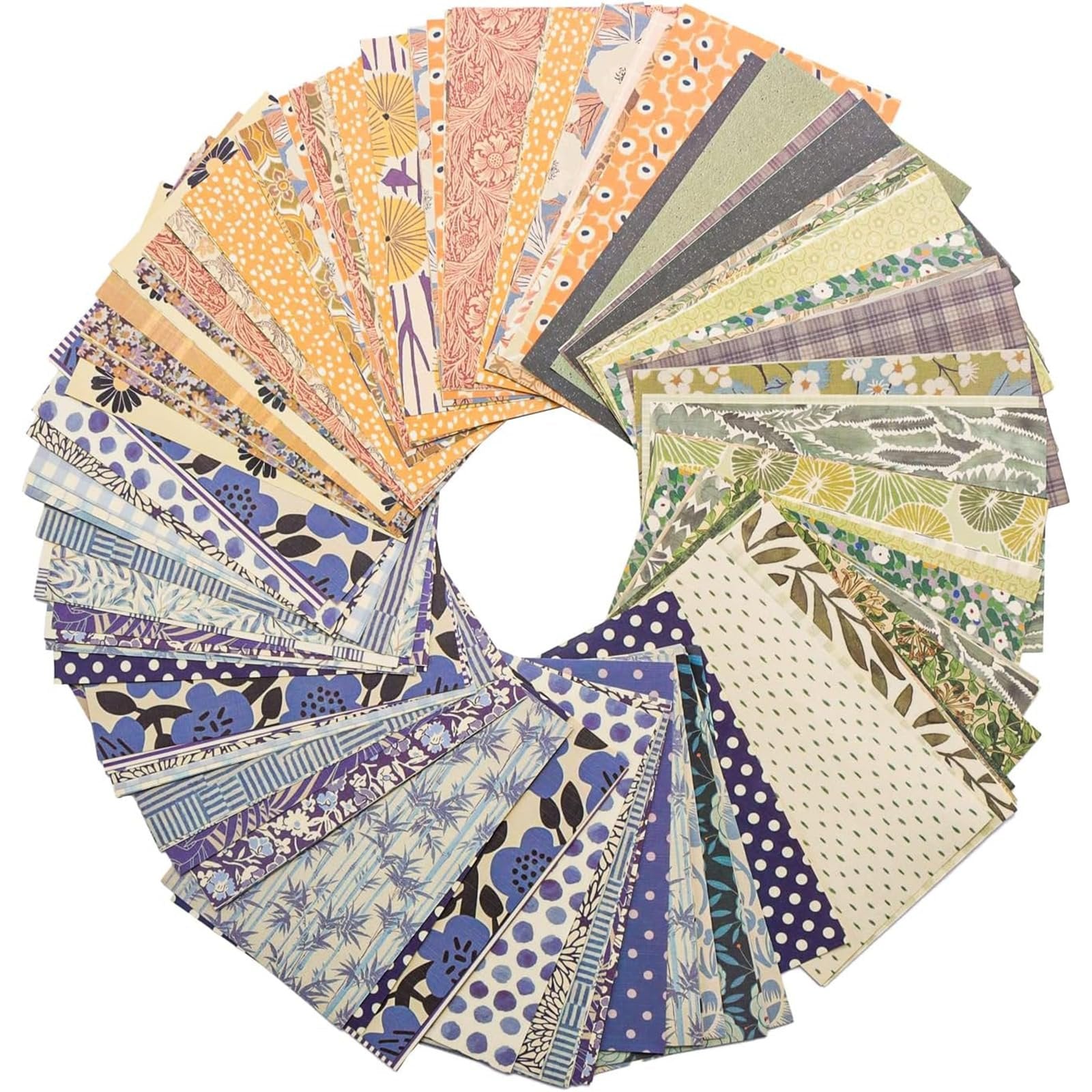 Circular arrangement of vintage scrapbook paper sheets with floral and geometric patterns.