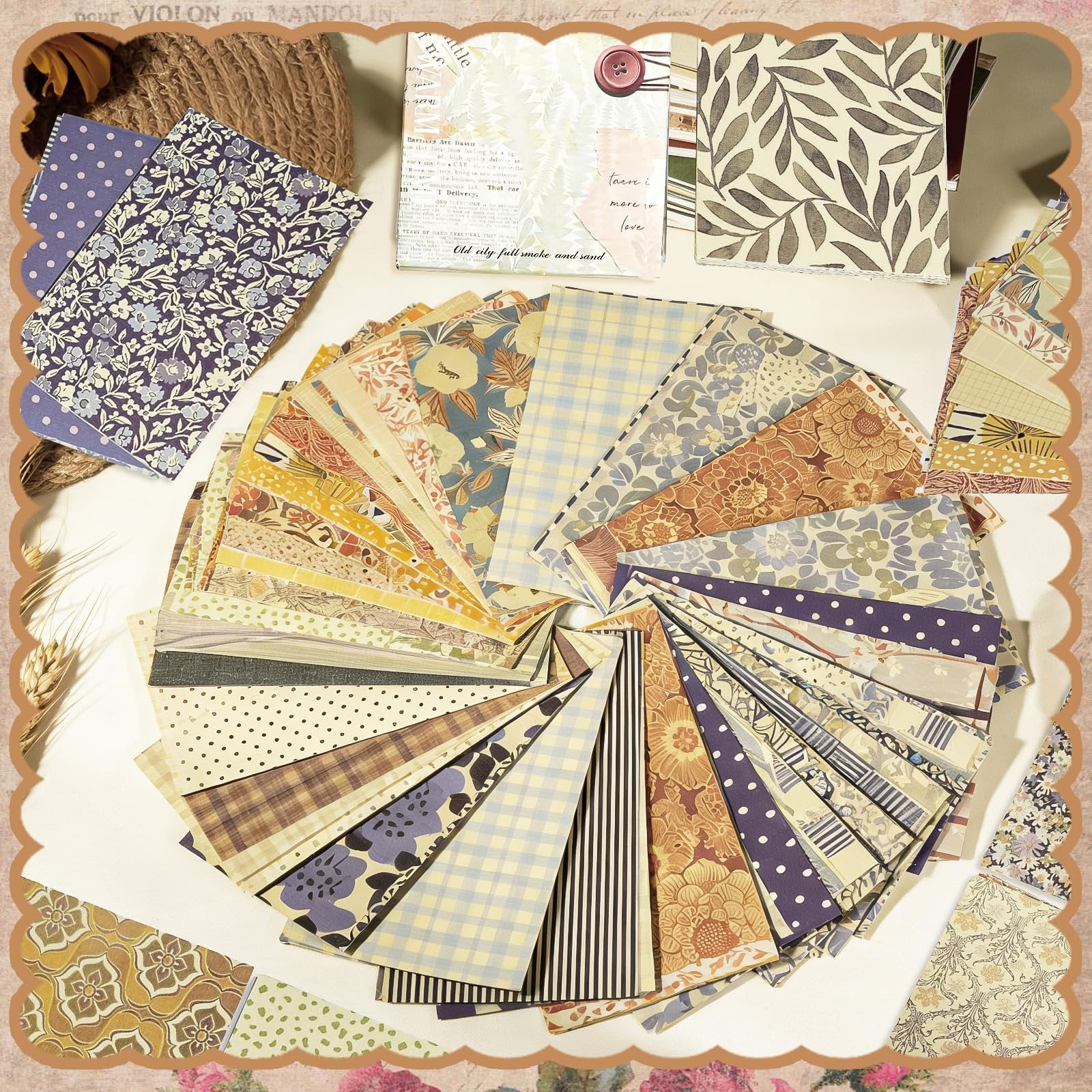 A fanned-out collection of vintage scrapbook paper sheets with various floral, plaid, and polka dot patterns, arranged on a white surface with decorative borders.