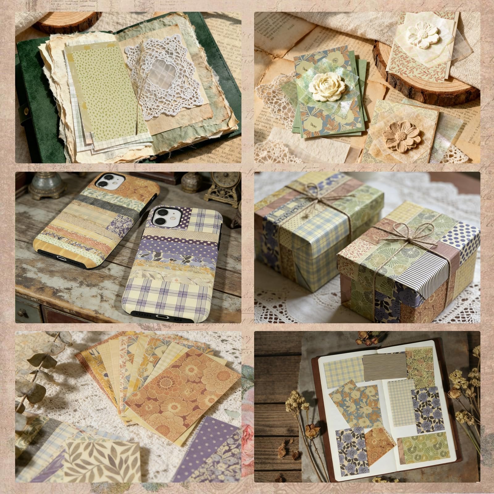 Collage of vintage scrapbook paper designs and crafts, including journal pages, phone cases, gift boxes, and paper samples.