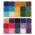 Two clear plastic storage boxes filled with 6mm plastic pearl spacer beads in 30 assorted colors.