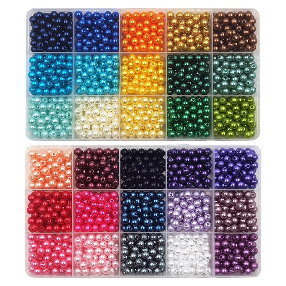 Two clear plastic storage boxes filled with 6mm plastic pearl spacer beads in 30 assorted colors.