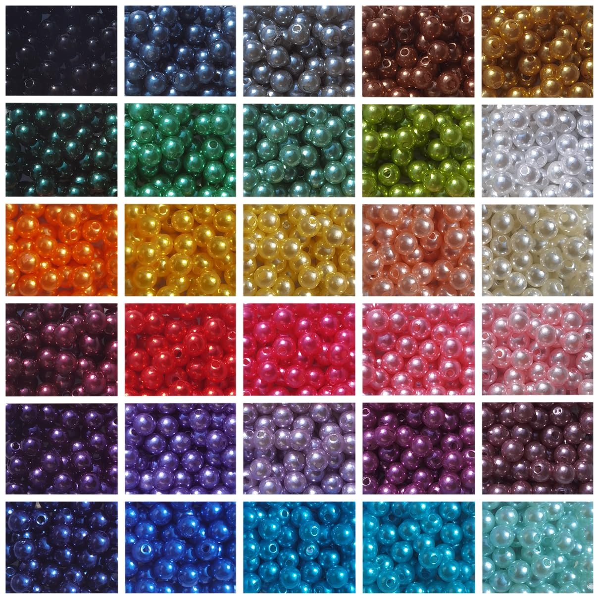 Collage of 30 different colors of 6mm plastic pearl spacer beads, each color in its own square.