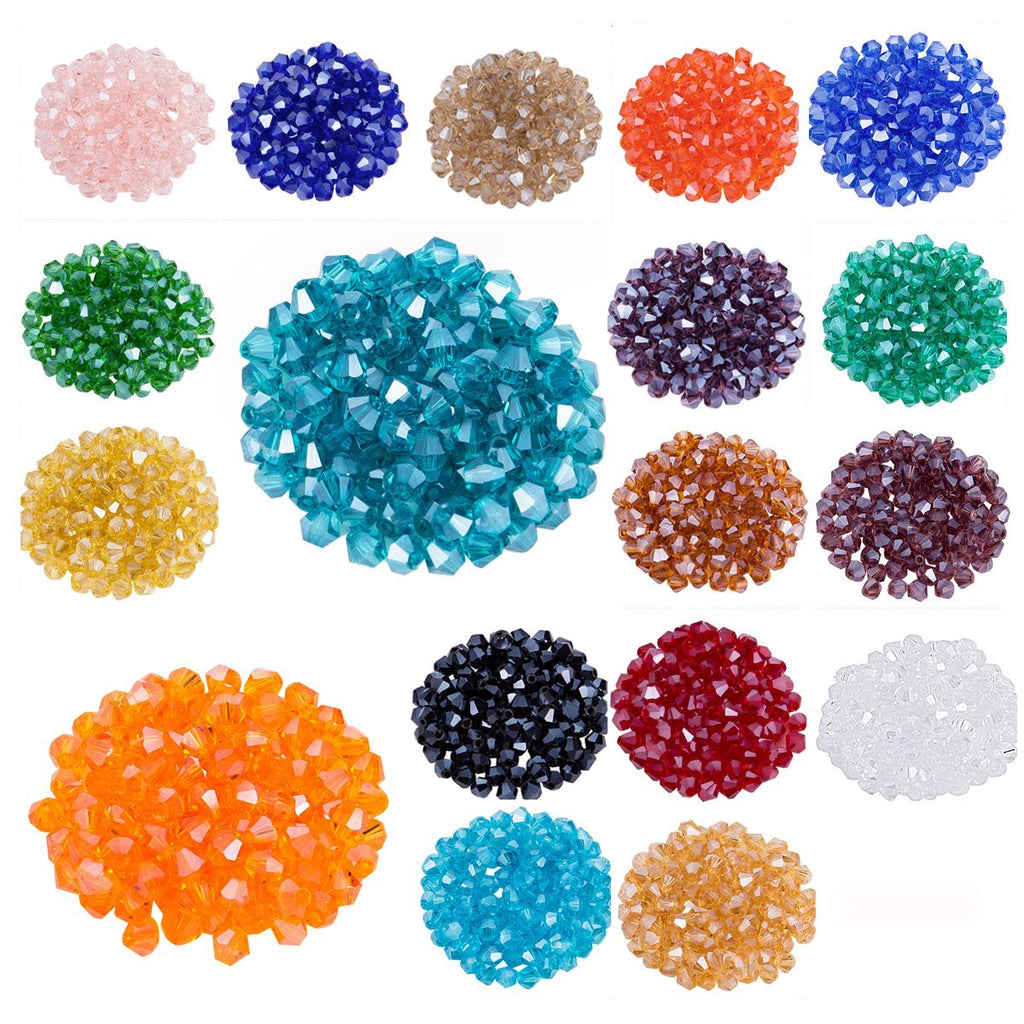 Assortment of 4mm faceted glass bicone beads in 18 different colors, displayed in circular piles against a white background.