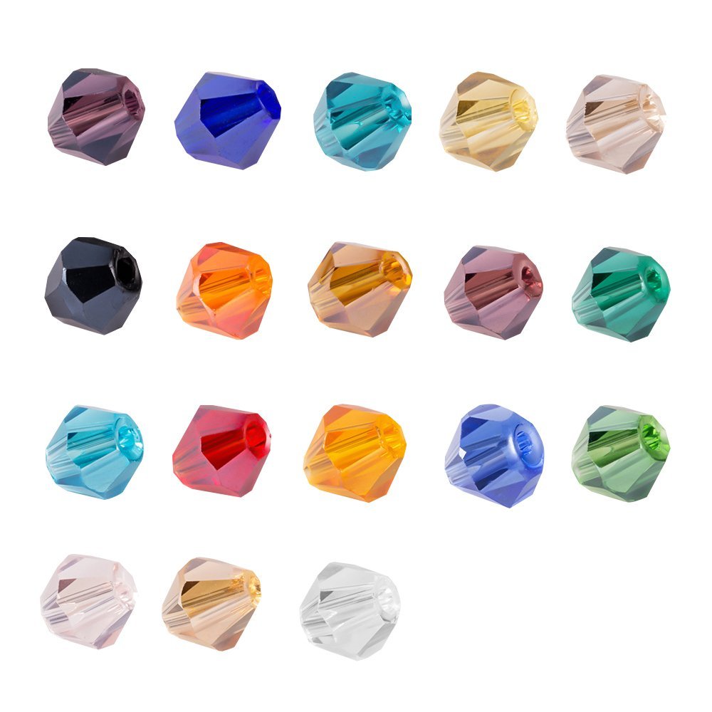 Assortment of 15 faceted glass bicone beads in various colors, displayed on a white background.