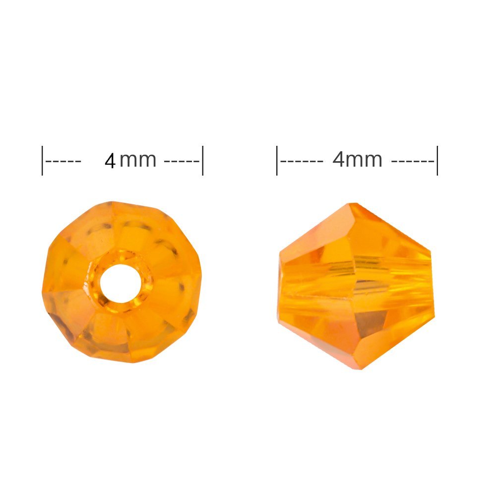 Two orange faceted glass bicone beads shown from top and side, with 4mm size indicators.