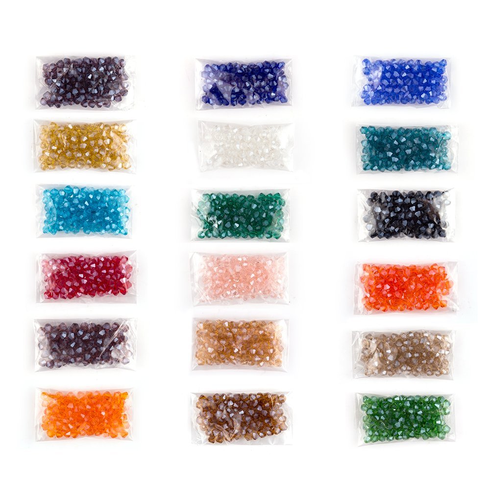 Assortment of 18 bags of 4mm faceted crystal beads in various colors, displayed on a white background.