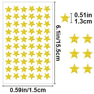Sheet of gold star stickers with dimensions and close-up views of individual stars.
