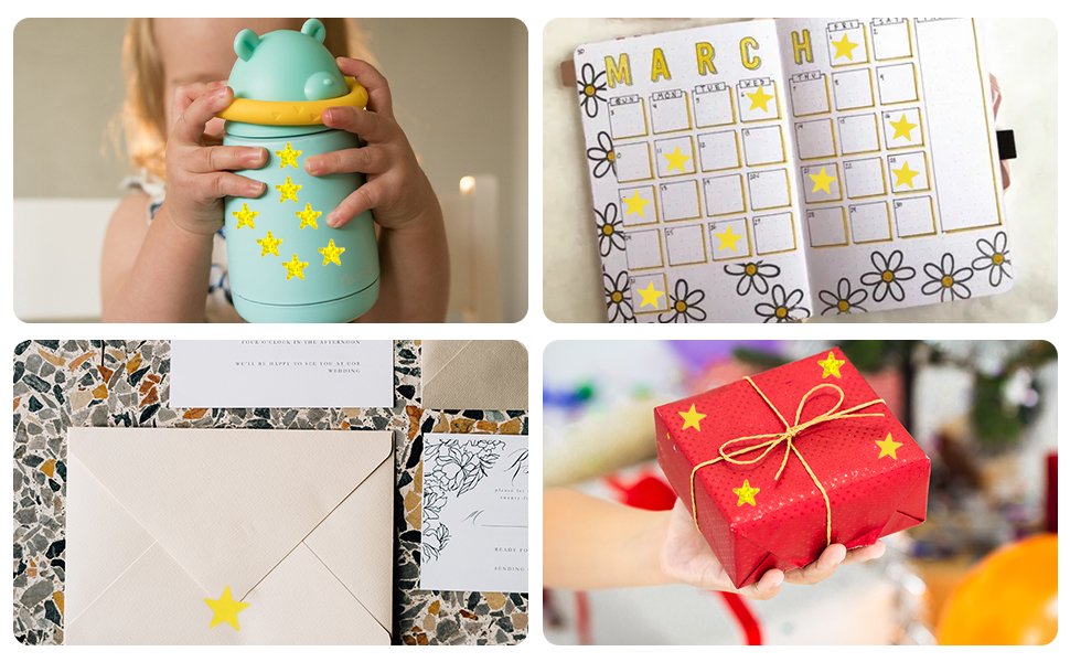 Collage of four lifestyle images showing holographic gold star stickers applied to a sippy cup, a bullet journal calendar, wedding invitations, and a gift-wrapped box.