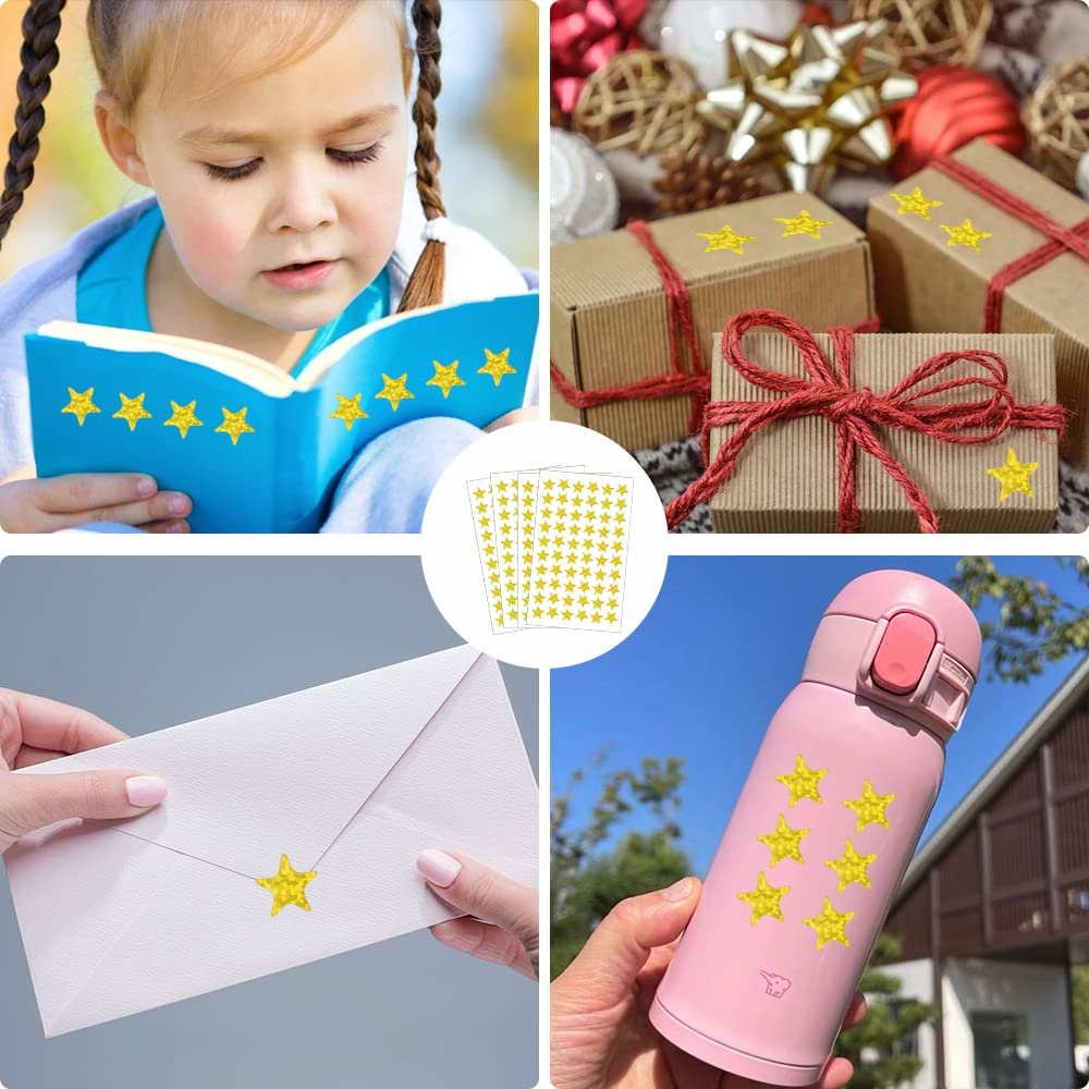 Collage of holographic gold star stickers being used on a book, gifts, envelope, and water bottle.