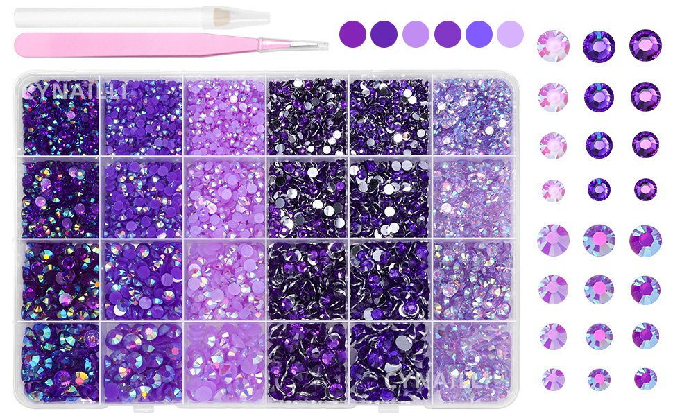 Set of purple jelly rhinestones in a divided container with tweezers and a pick-up tool, showing various sizes and shades of purple gems.