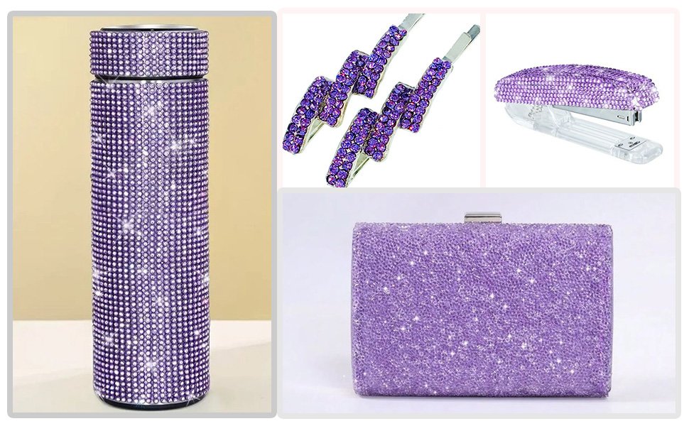Collage of purple rhinestone-encrusted items: a water bottle, two hair clips, a stapler, and a clutch purse.
