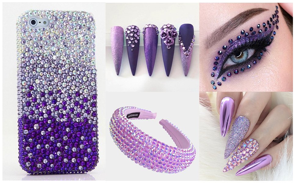 Collage of purple and iridescent rhinestones applied to a phone case, nails, headband, and eye makeup.