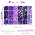 Assortment of purple jelly rhinestones in a divided container with size labels and included tools.