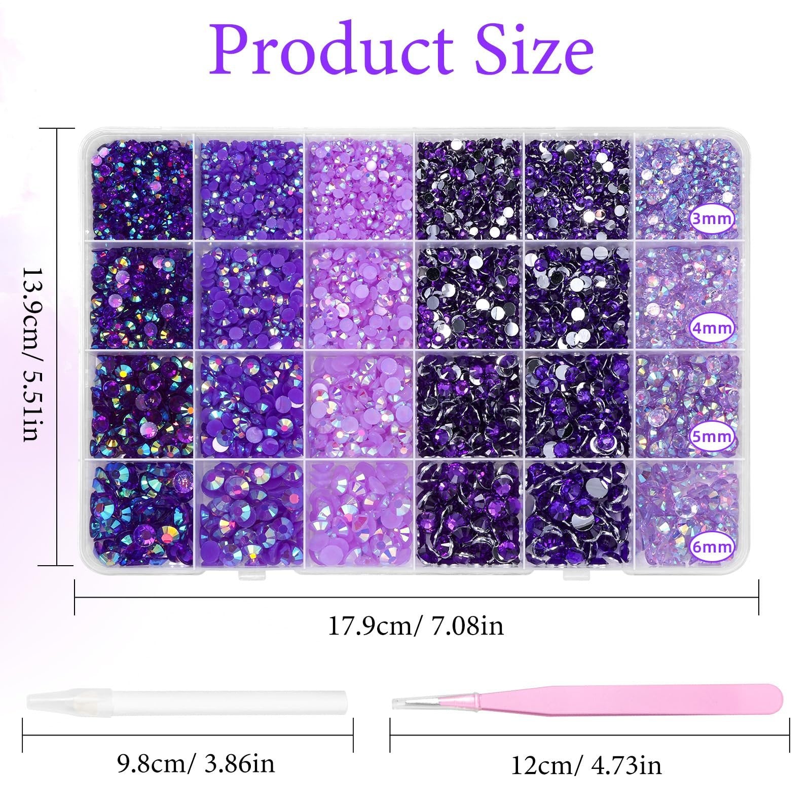 Assortment of purple jelly rhinestones in a divided container with size labels and included tools.