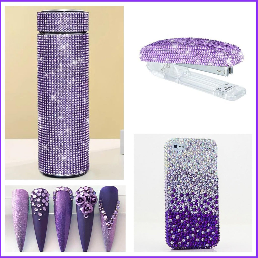 Collage of purple rhinestone-embellished items: tumbler, stapler, phone case, and nail art.