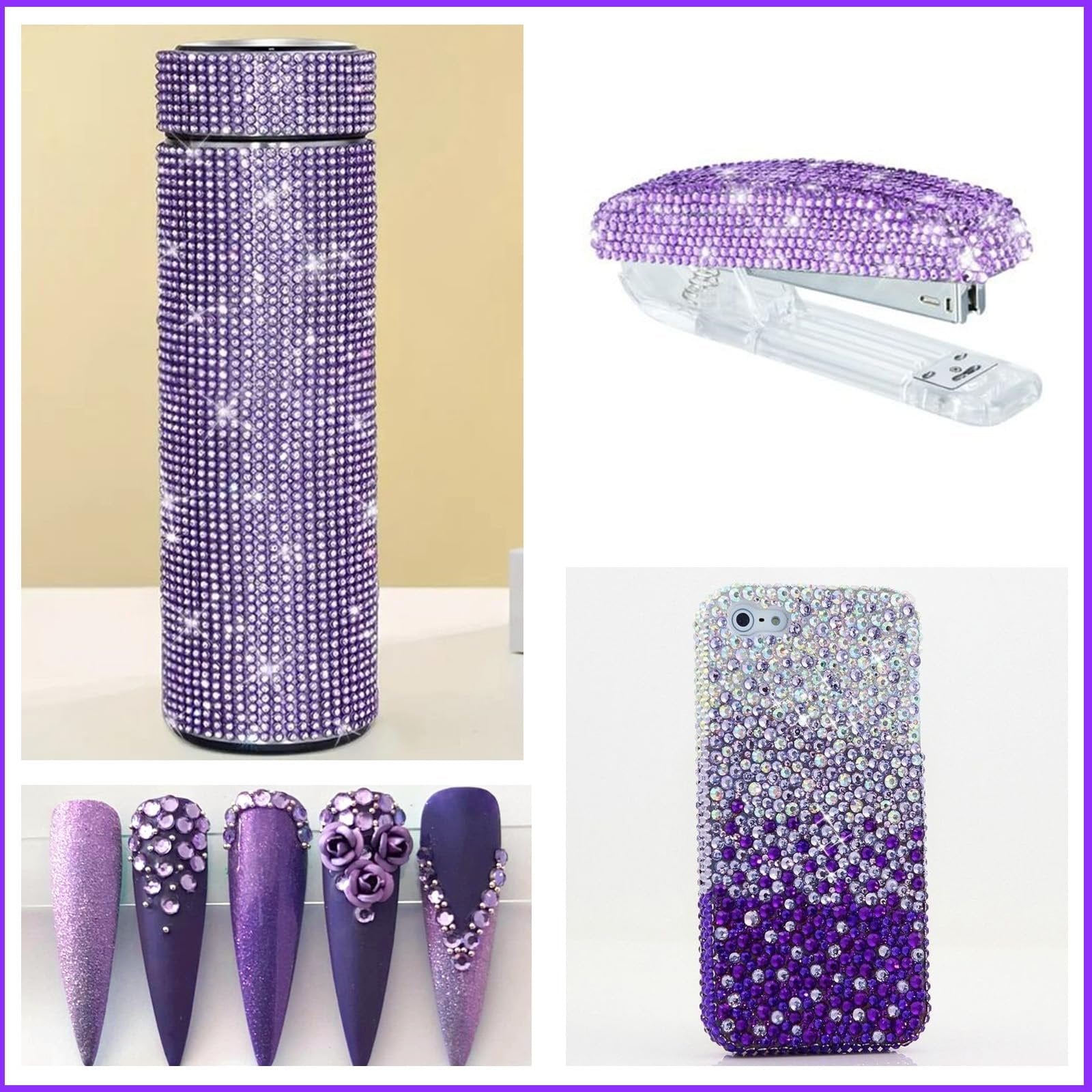 Collage of purple rhinestone-embellished items: tumbler, stapler, phone case, and nail art.