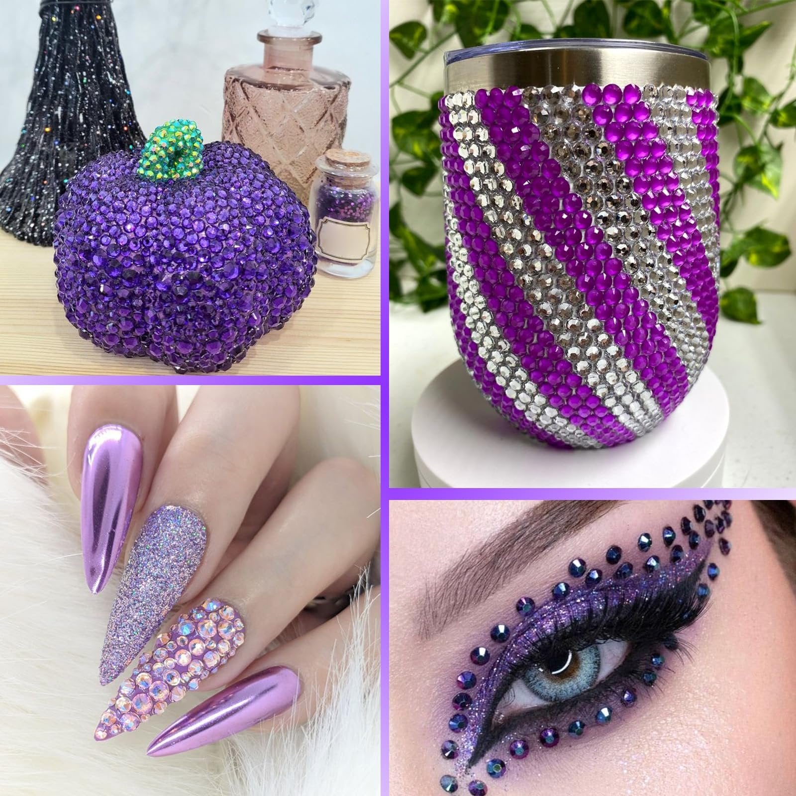 Collage of purple craft rhinestones applied to a pumpkin, a tumbler, fingernails, and eye makeup.