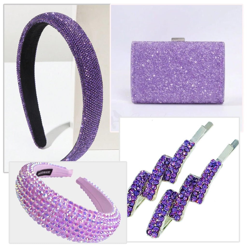 Collage of purple sparkly accessories: headband, clutch, and lightning bolt hair clips