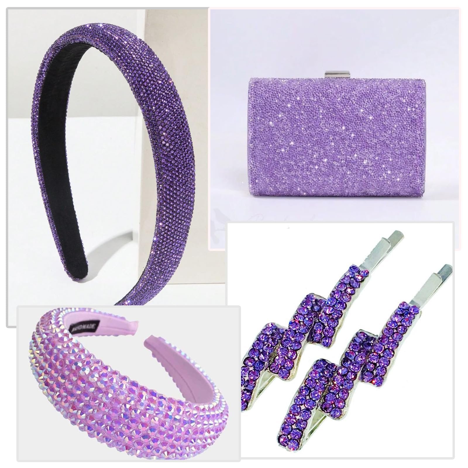Collage of purple sparkly accessories: headband, clutch, and lightning bolt hair clips