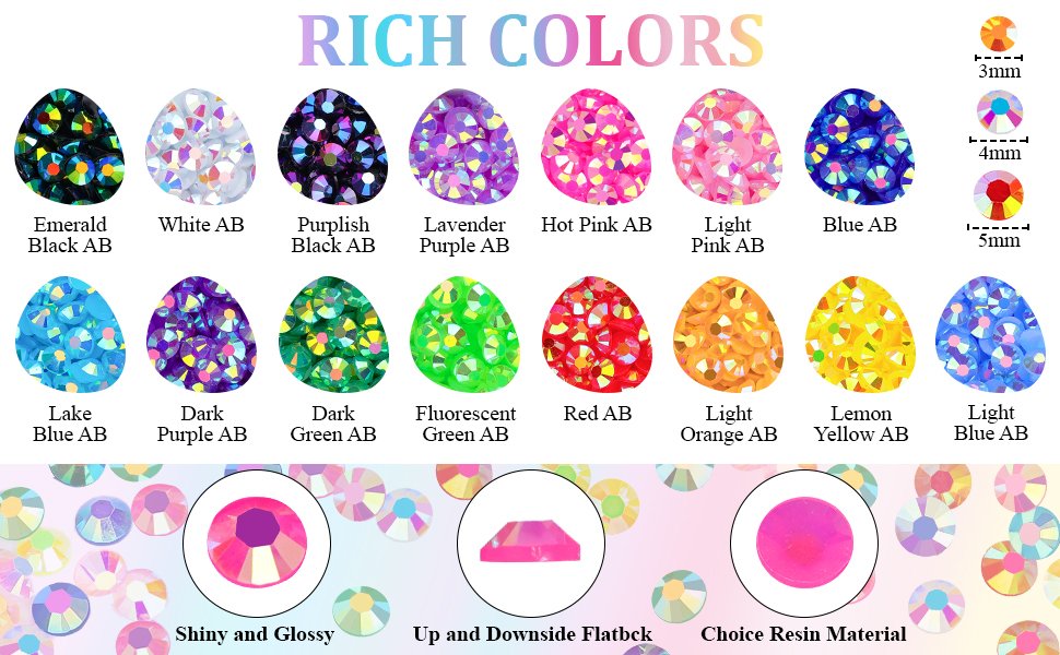 Assortment of colorful flatback rhinestones in various shades and sizes, with close-ups showing details and color options.