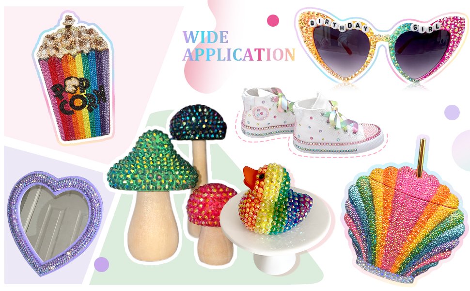 Collage of various rhinestone-embellished items including a popcorn bag clutch, heart-shaped sunglasses, sneakers, mushrooms, a duck, and a seashell cup.