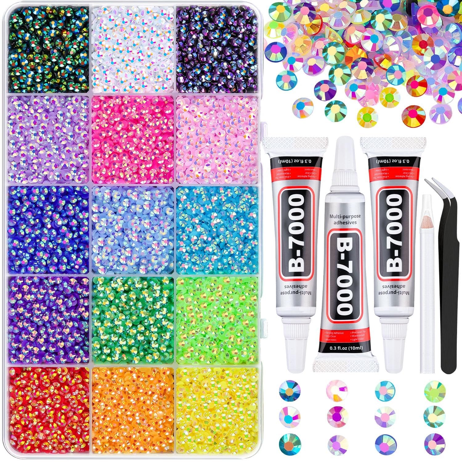 Assorted colorful rhinestones in a divided organizer tray with three tubes of B-7000 adhesive glue, tweezers, and a pickup pen.