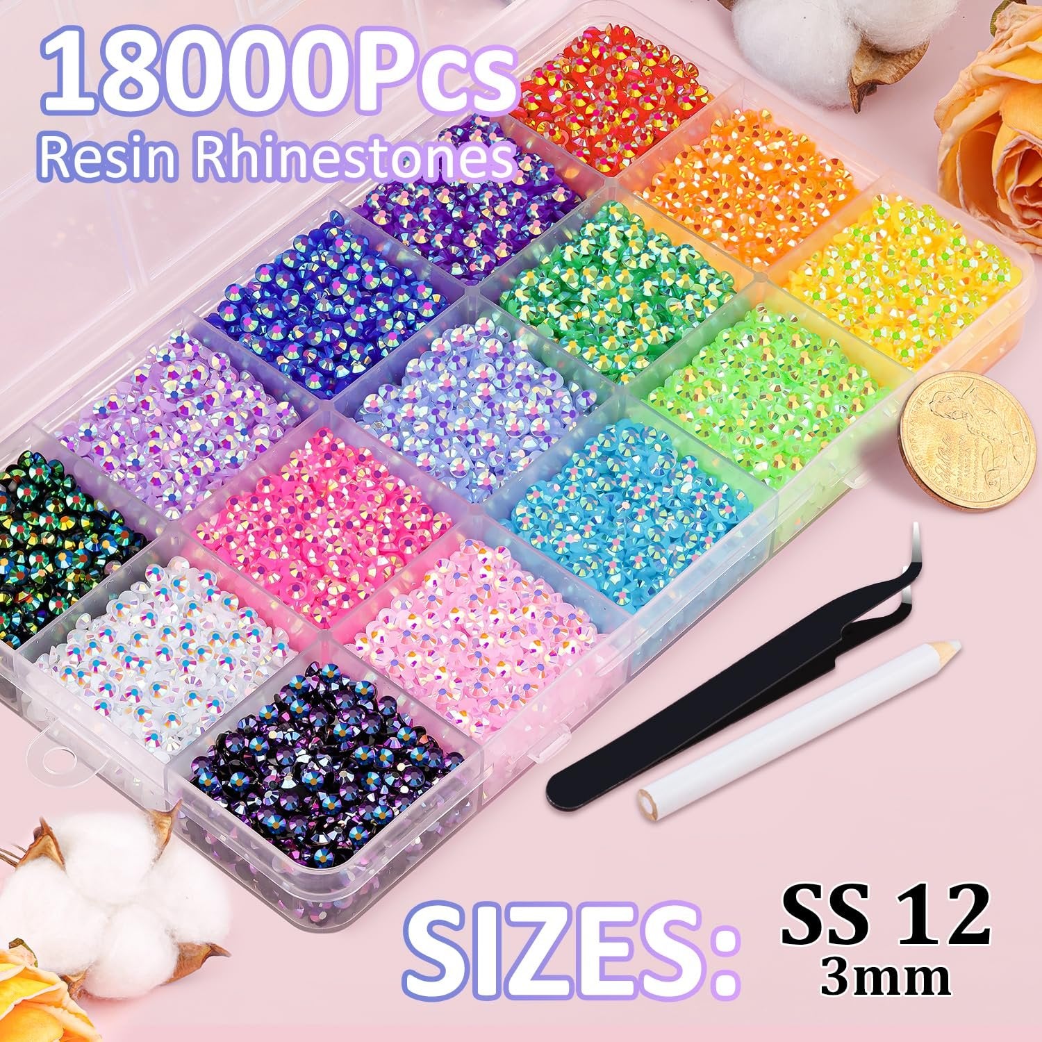 Container of mixed-color resin rhinestones with tweezers and pickup pen, showing 18000 pieces in SS 12 size.