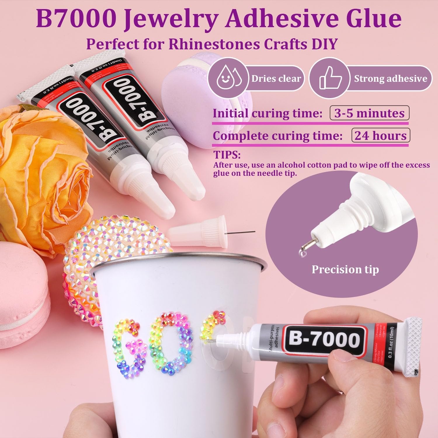 Two tubes of B-7000 jewelry adhesive glue and one tube being held by a hand, with rhinestones decorating a cup.