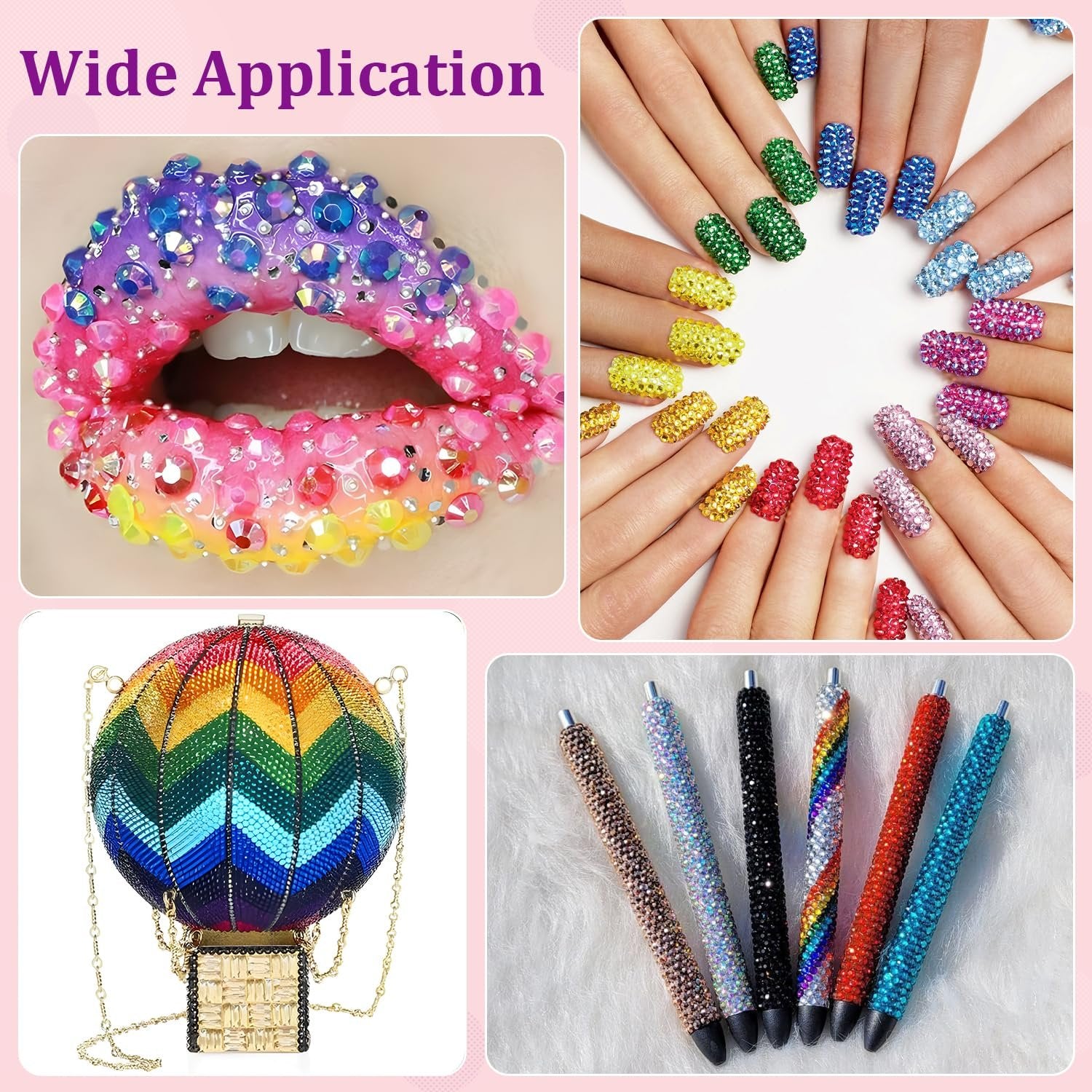 Collage of crafts decorated with rhinestones: lips, fingernails, a handbag, and pens.