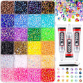 Assortment of 4mm resin rhinestones in a divided container with three tubes of B-7000 glue and tweezers.