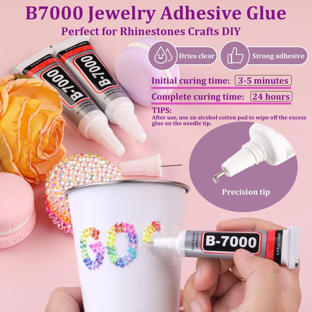 Two tubes of B-7000 adhesive glue and one tube being held, with rhinestones on a cup.