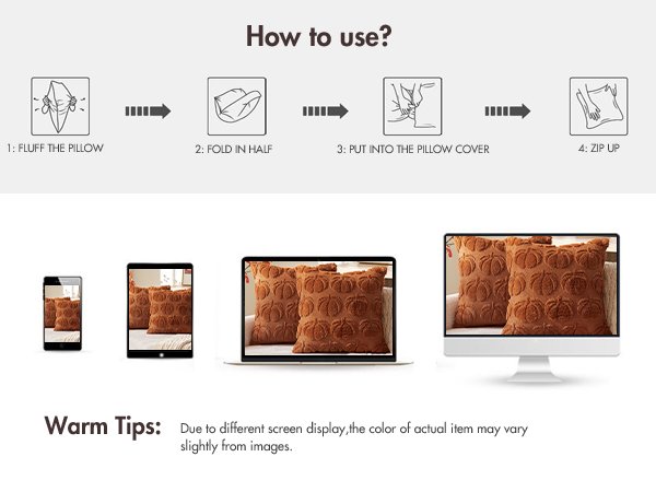 Instructions for using pillow covers and product display on various devices.