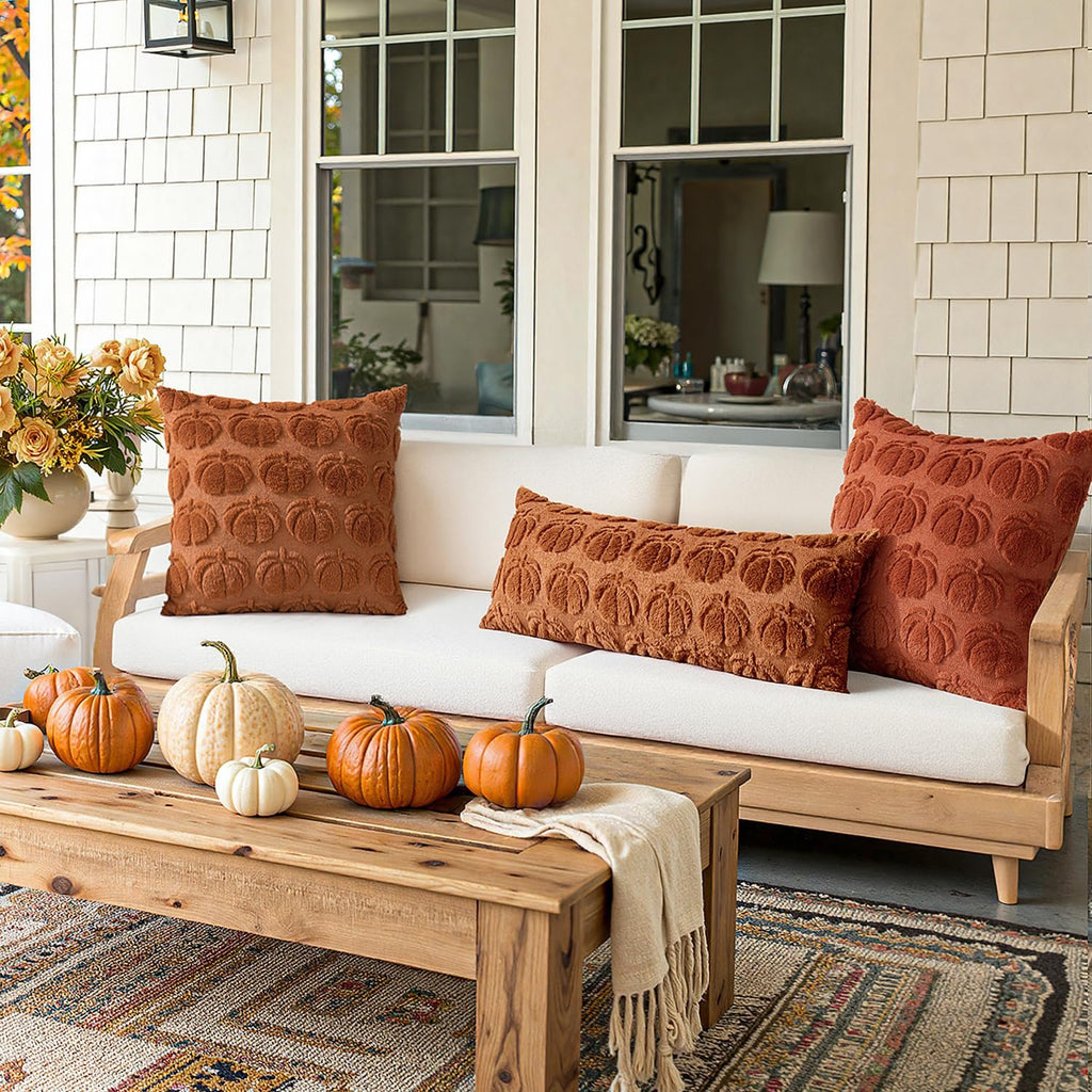 Set of two dark rust pumpkin throw pillow covers with textured pumpkin pattern on a couch with pumpkins on a coffee table.
