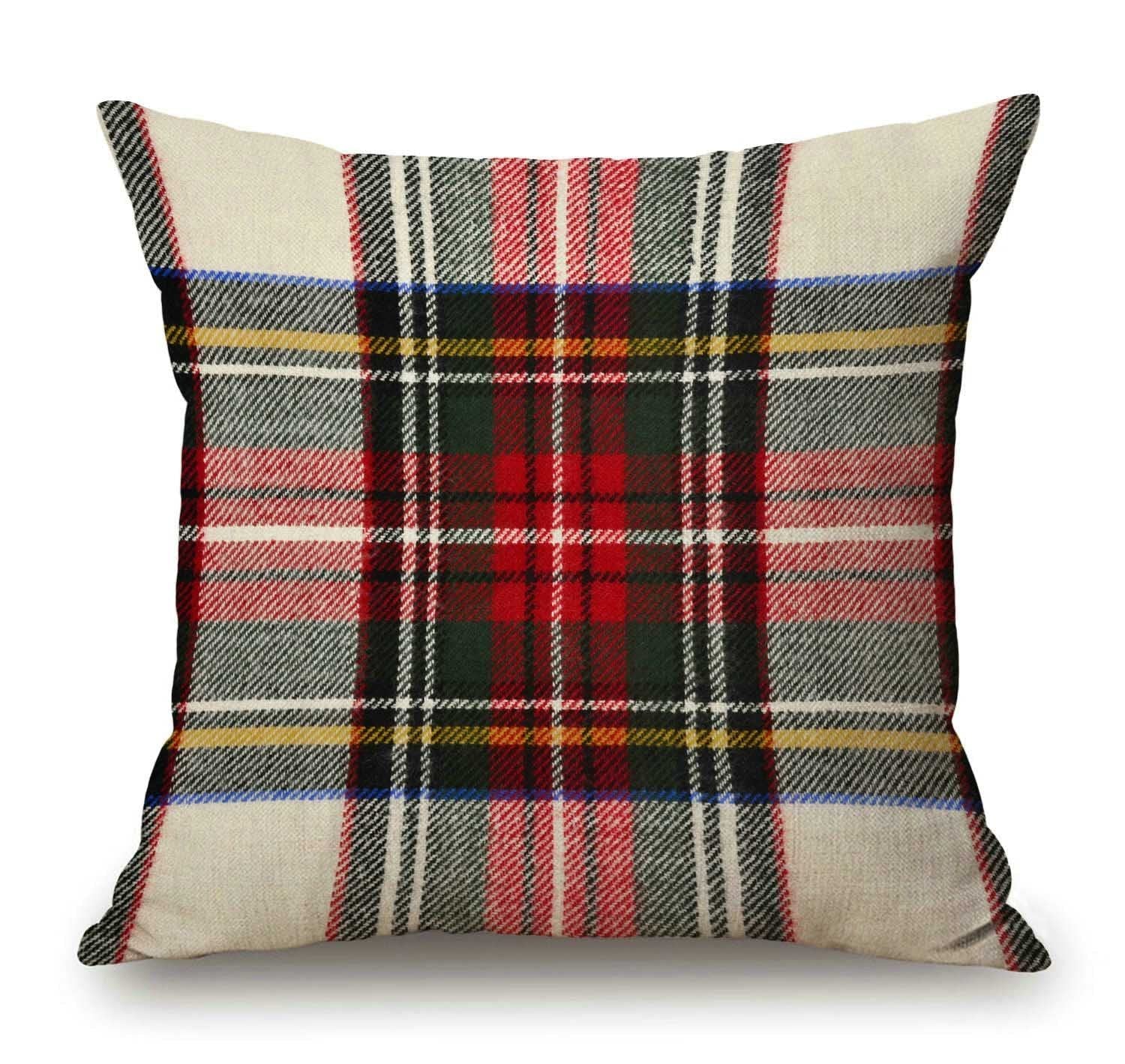 18x18 inch red and white plaid throw pillow cover with a hidden zipper, shown from the front.