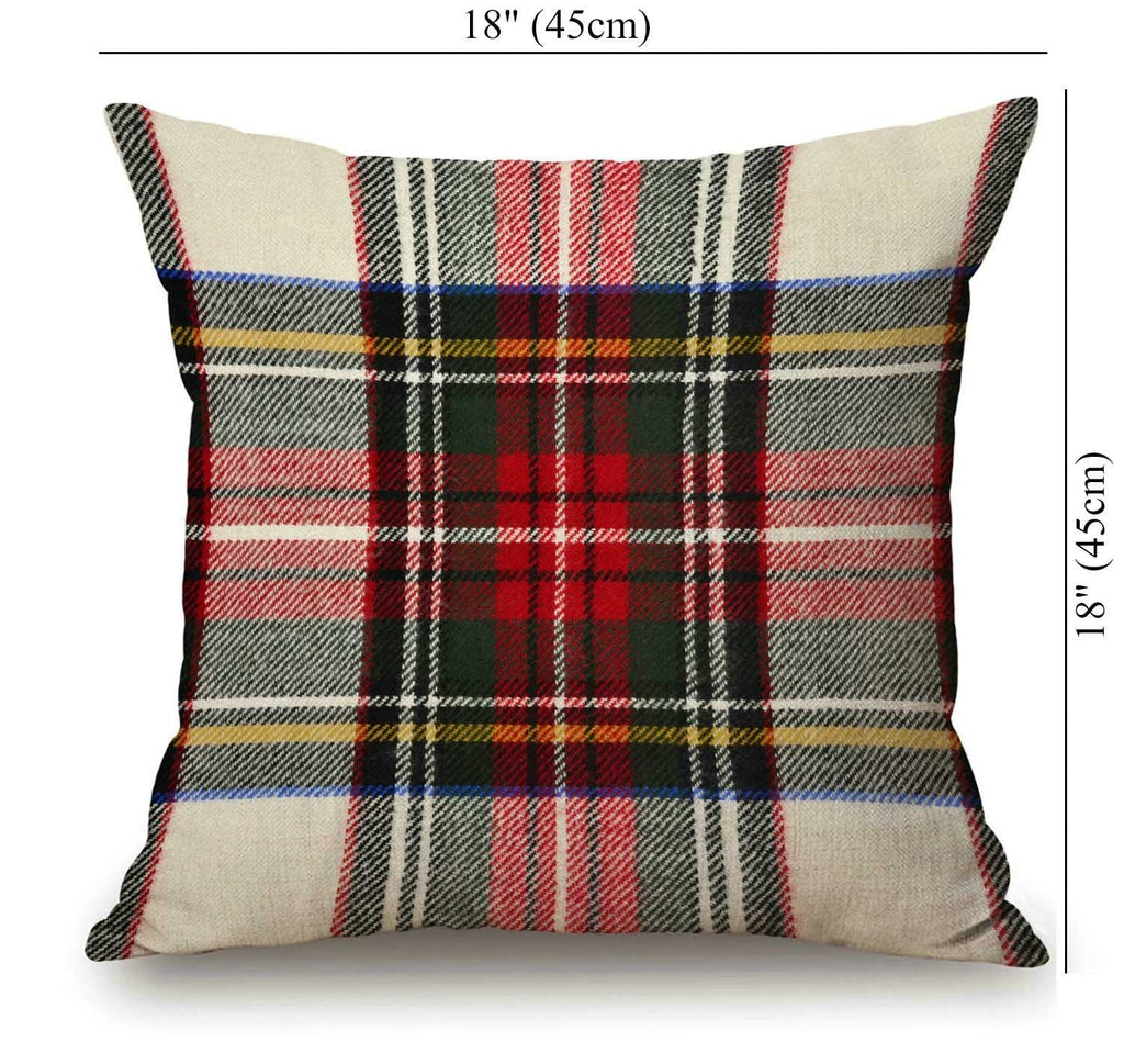 Square red and white plaid pillow cover with a hidden zipper, shown flat with dimensions overlaid.