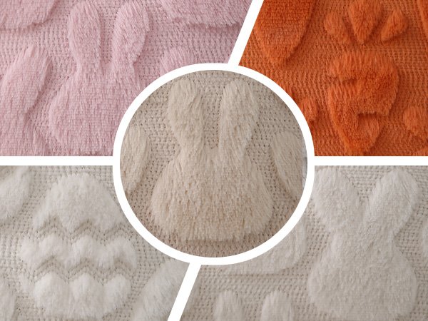 Close-up collage of plush faux fur pillow covers with embossed bunny patterns in pink, orange, cream, and white.