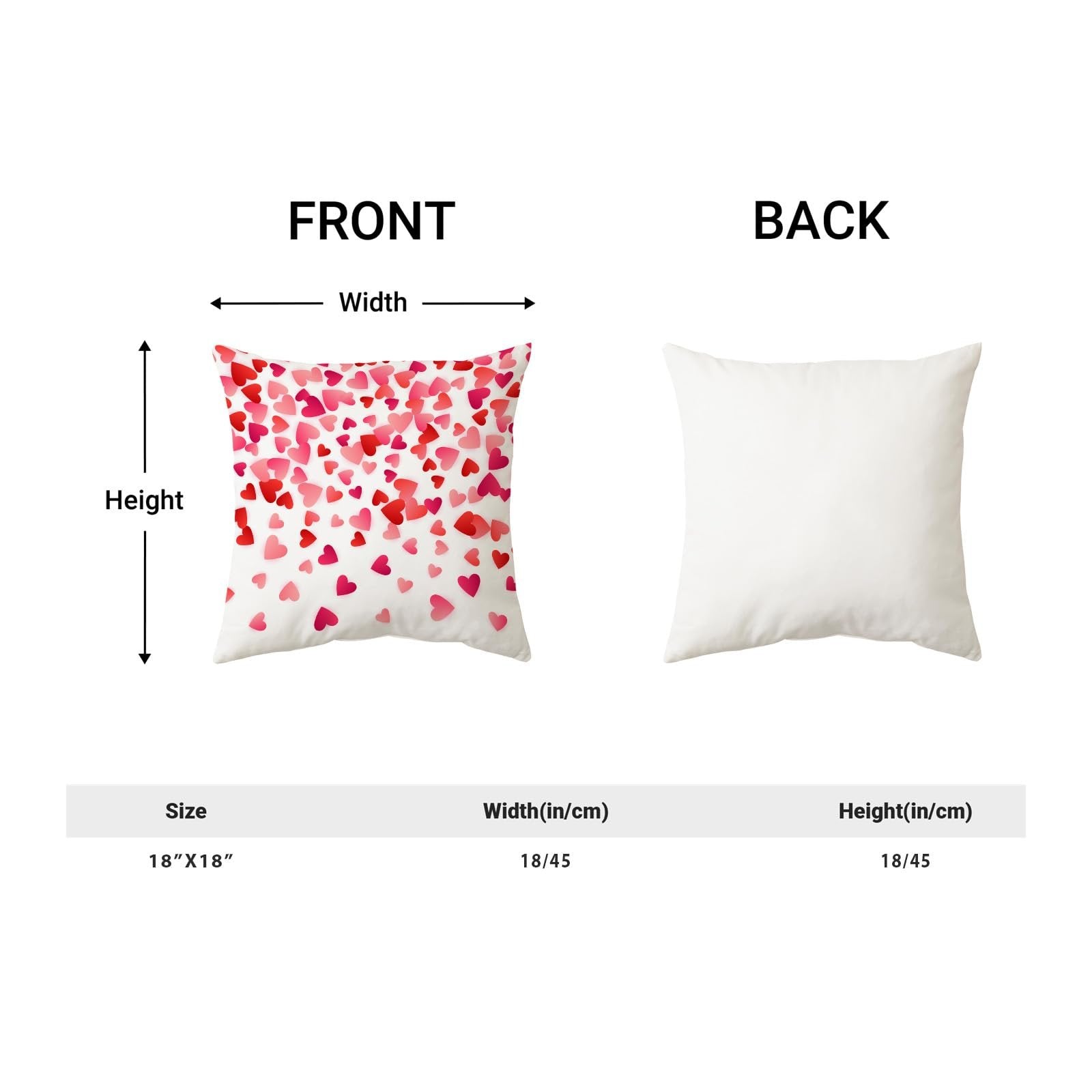 Front and back views of a pink and red heart patterned pillow cover with size dimensions shown.