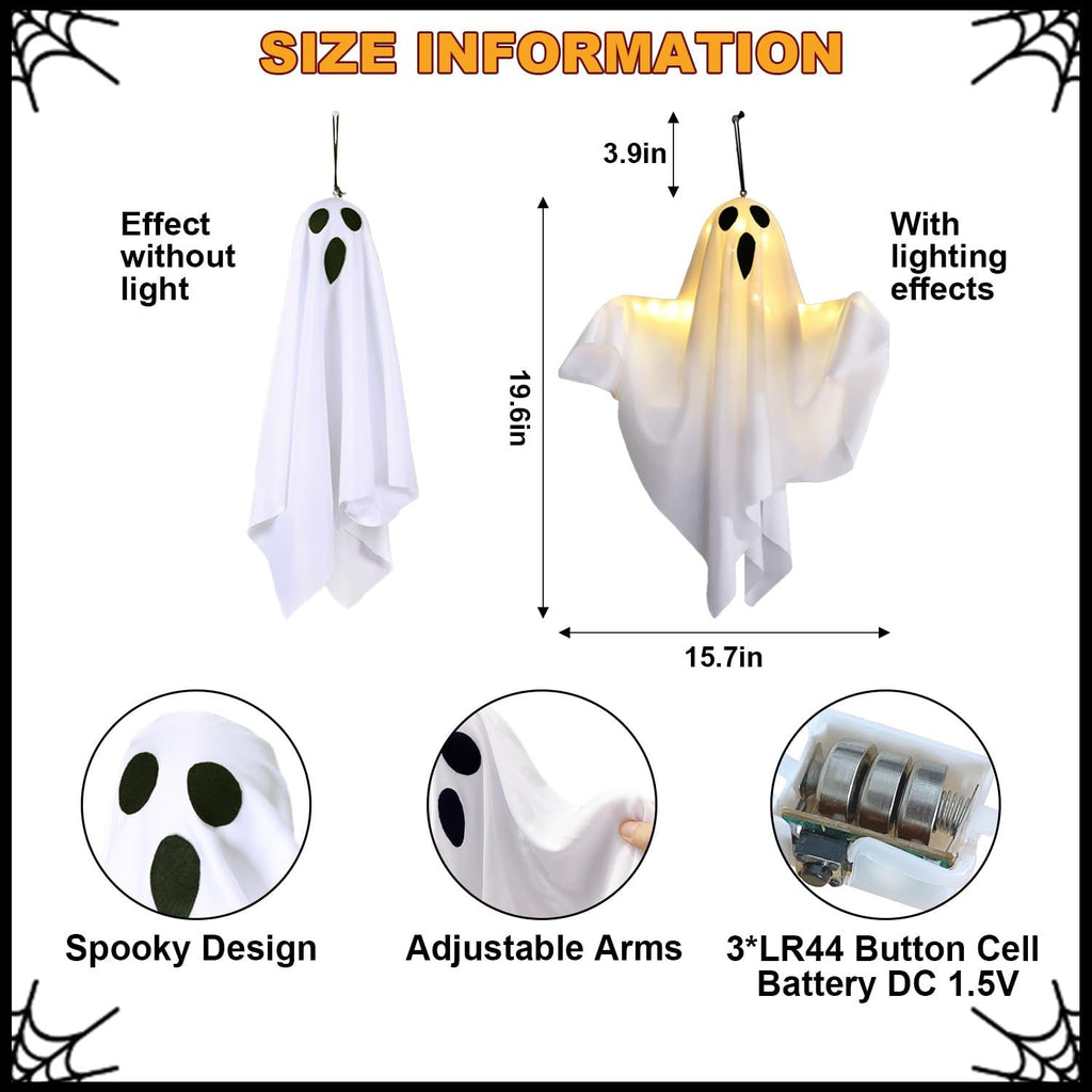 Hanging ghost decor shown with and without lights, with size dimensions and battery details.