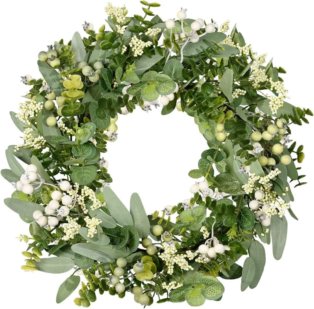 19-inch artificial green eucalyptus wreath with white berries and boxwood on a white background