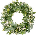19-inch artificial green eucalyptus wreath with white berries and boxwood on a white background