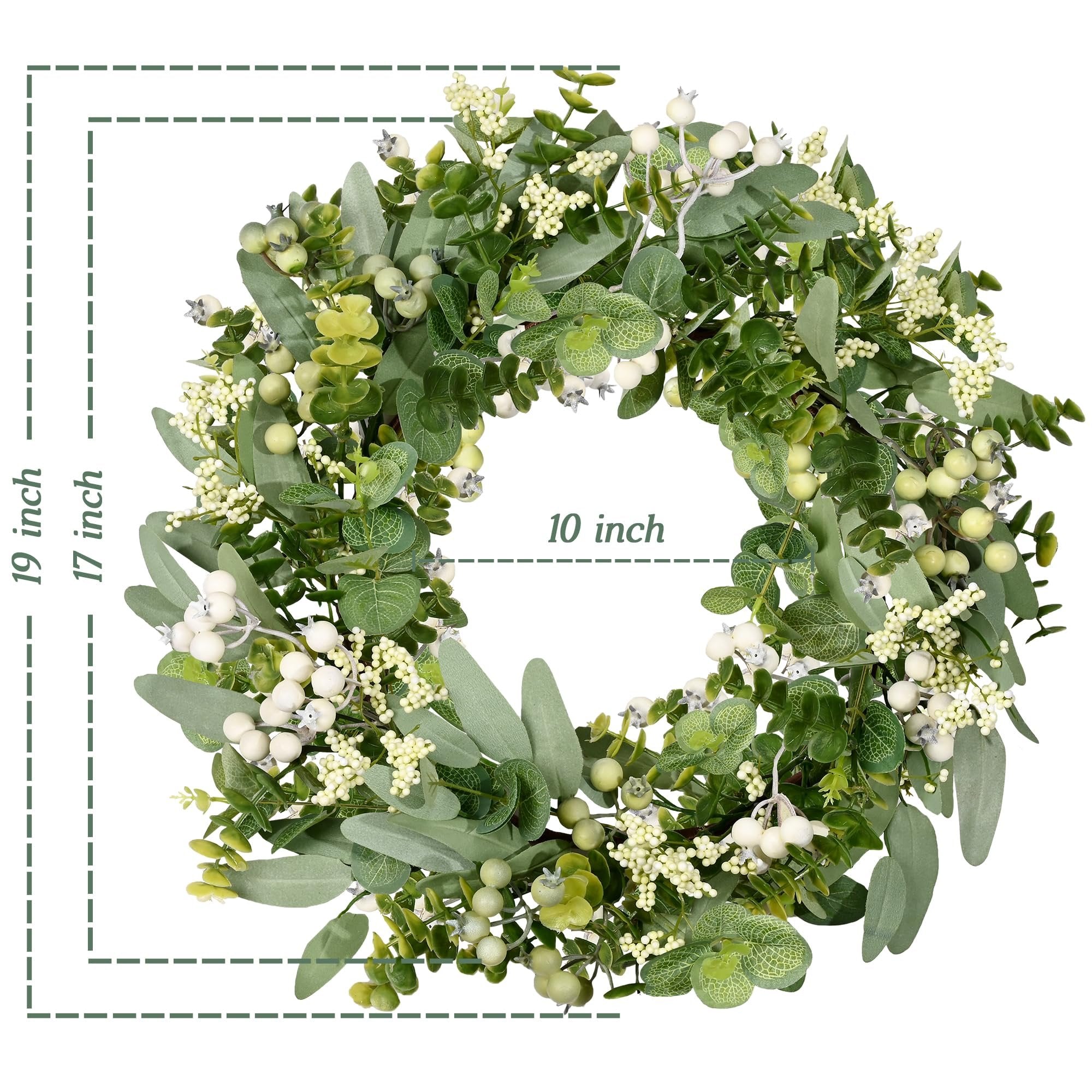 19-inch artificial eucalyptus and boxwood wreath with white berries, showing dimensions 19 inch, 17 inch, and 10 inch.