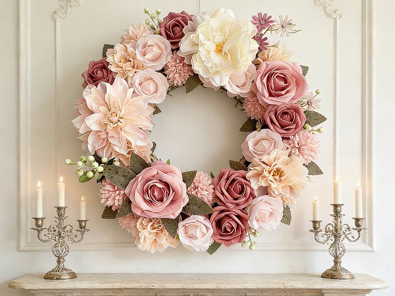Dusty blush pink artificial rose and dahlia wreath with green leaves, displayed on a wall above a mantelpiece with candelabras.