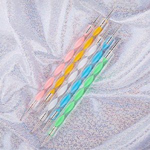 Five colorful mandala dotting tools with metal tips arranged diagonally on a sparkly white background.