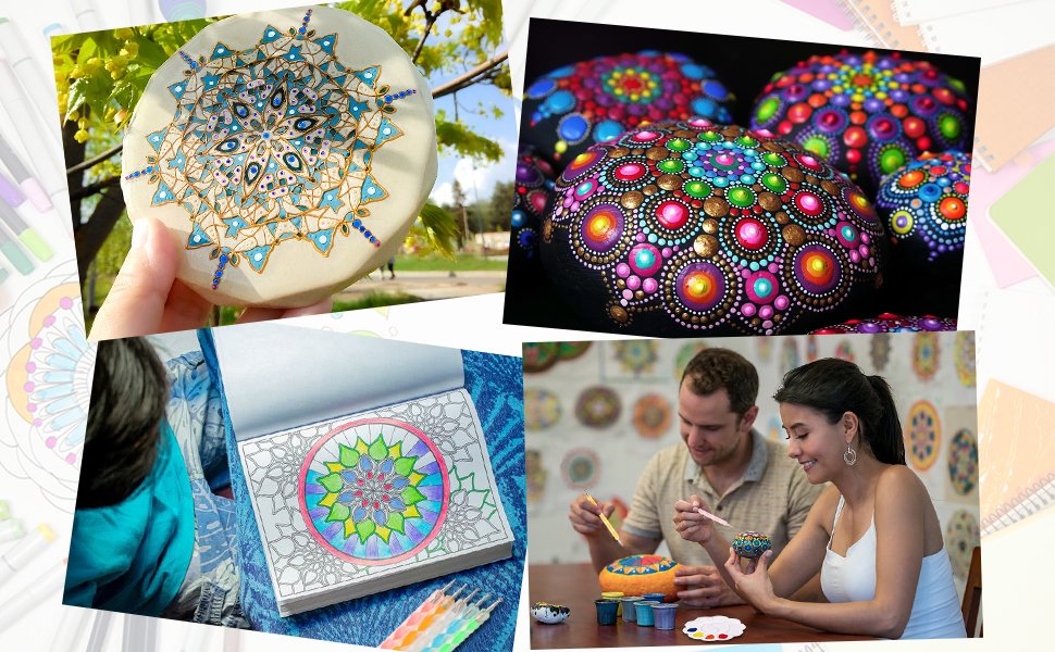 Collage of mandala art: hand holding painted stone, colorful painted rocks, person coloring mandala book, couple painting rocks